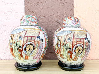 Pair of Colorful Chinoiserie Temple Jars