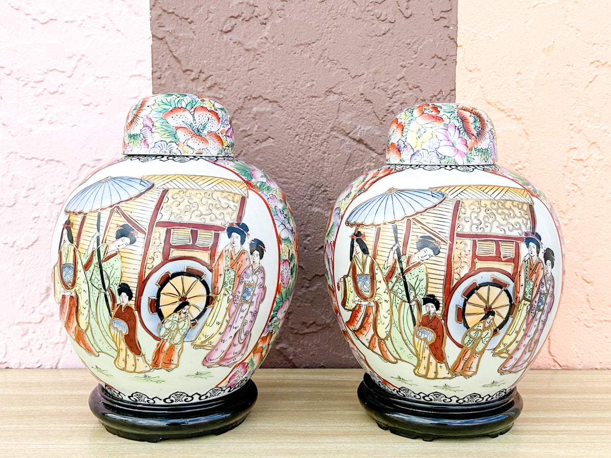 Pair of Colorful Chinoiserie Temple Jars