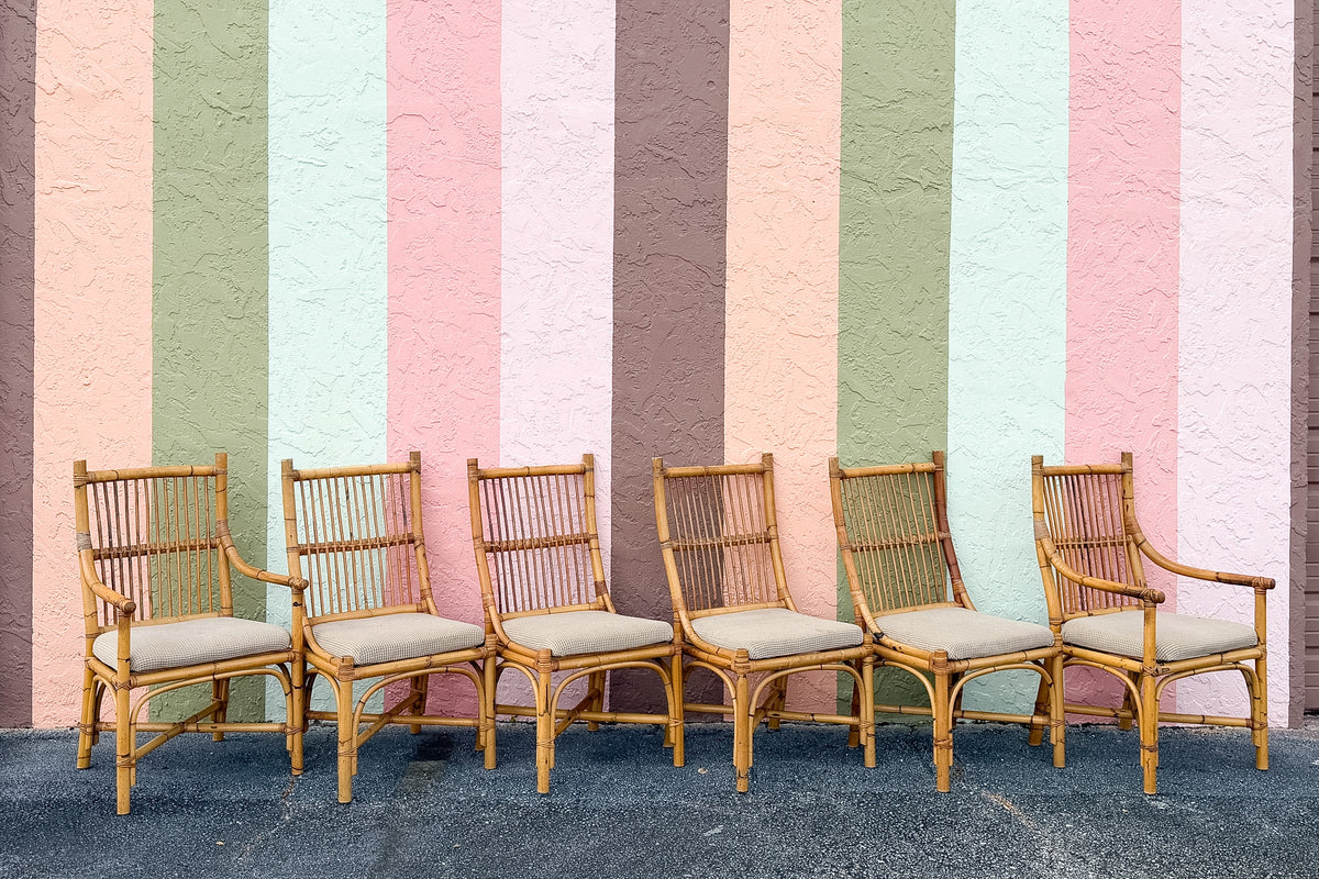 Set of Six Old Florida Rattan Dining Chairs