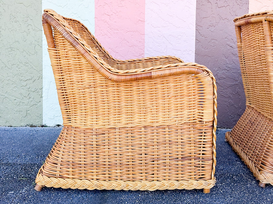 Pair of Braided Rattan Lounge Chairs