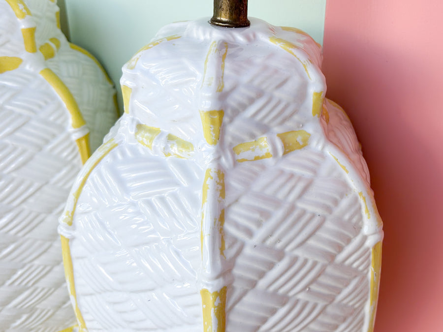 Pair of Faux Bamboo Woven Ceramic Lamps