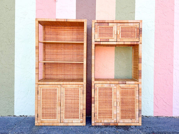 Pair of Coastal Rattan Wrapped Cabinets