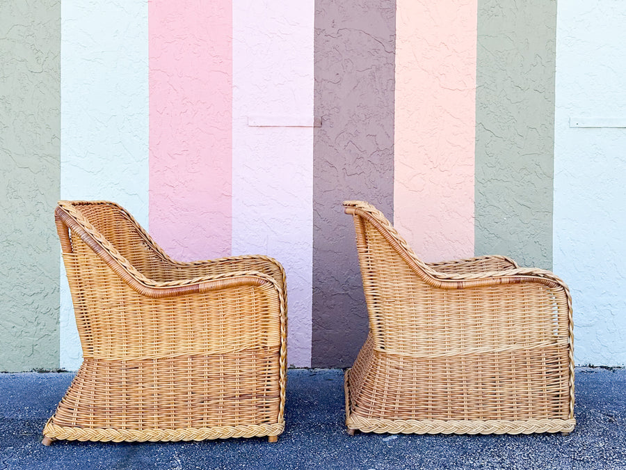 Pair of Braided Rattan Lounge Chairs