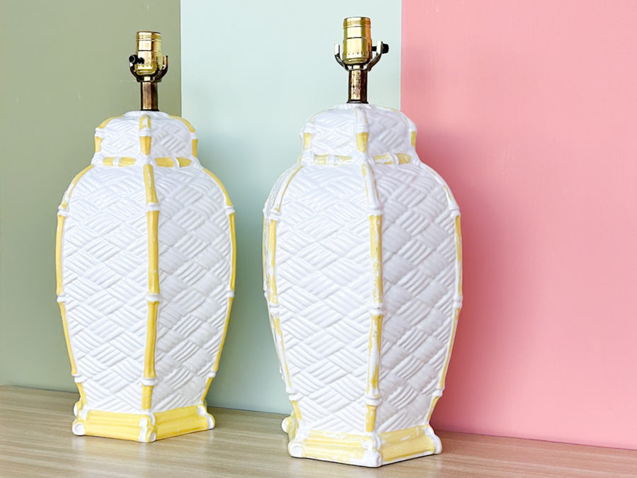 Pair of Faux Bamboo Woven Ceramic Lamps