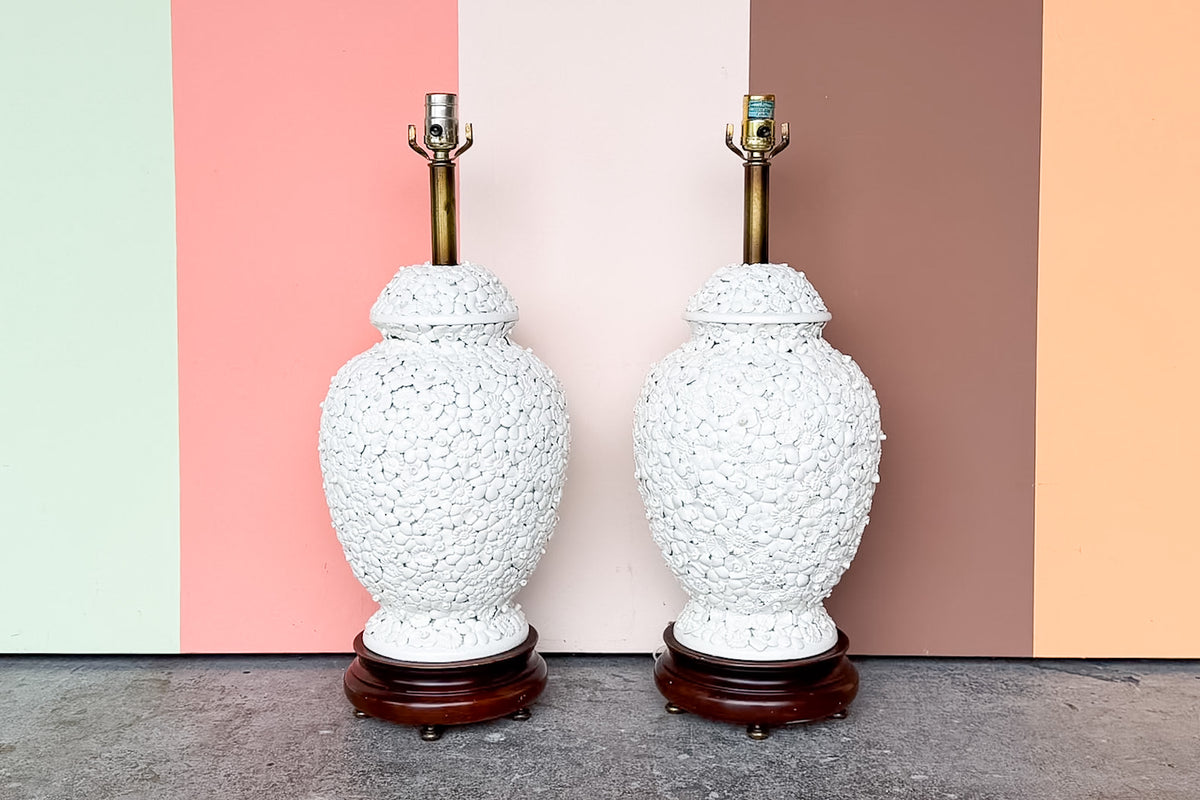 Pair of Blanc de Chine Flower Ginger Jar Lamps