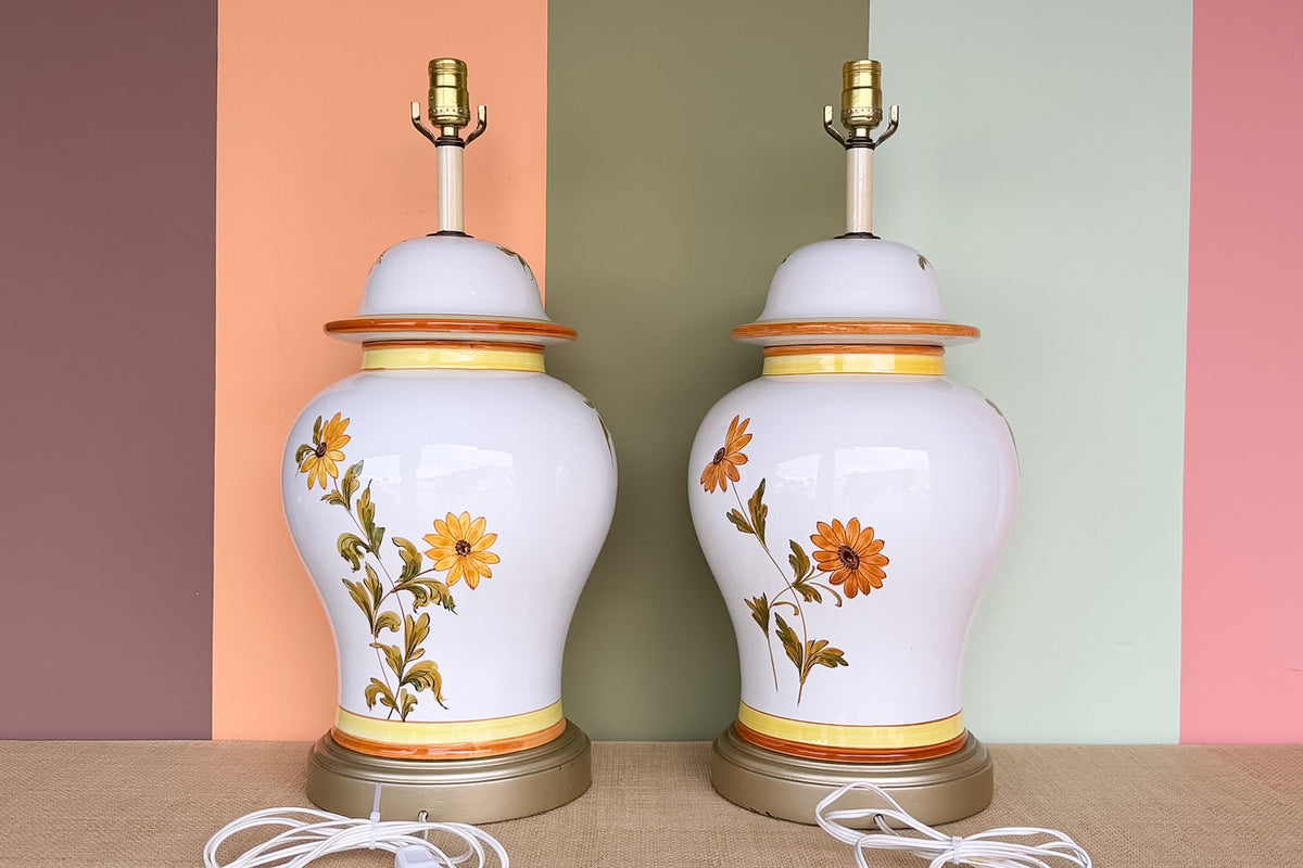 Pair of Hand Painted Bouquet Ginger Jar Lamps