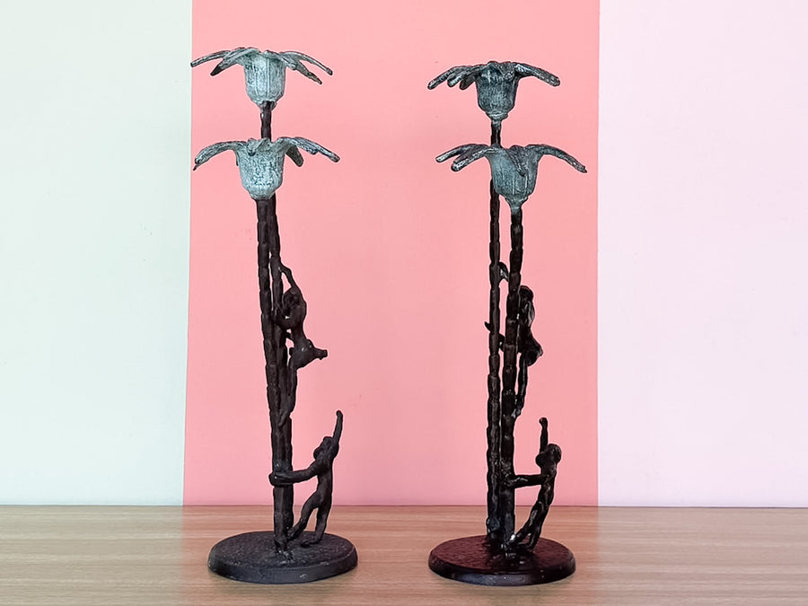 Pair of Monkey and Palm Tree Candle Holders