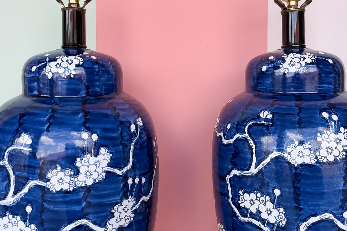 Pair of Navy Cherry Blossom Lamps