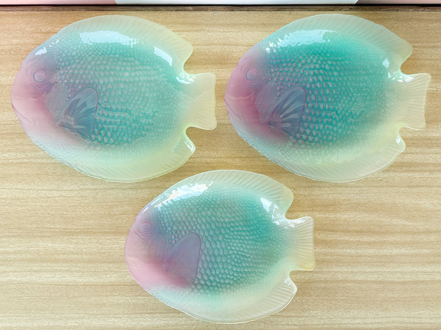 Set of Twelve Psychedelic French Fish Plates and Platter