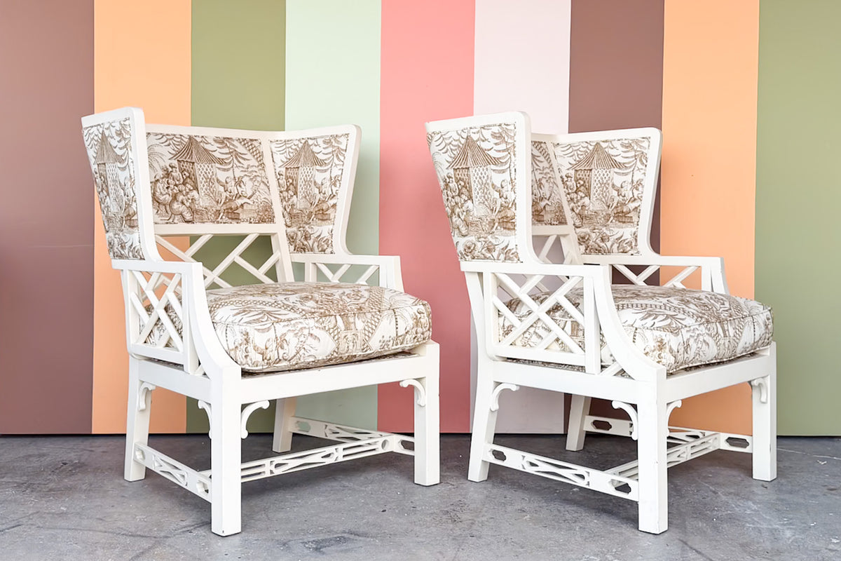 Pair of Fretwork Wingback Chairs