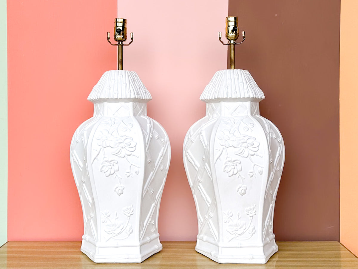 Pair of Painted White Chinoiserie Lamps