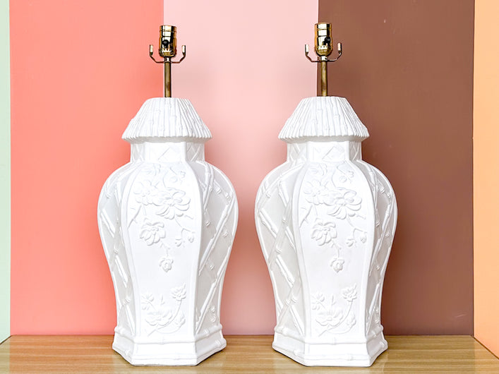 Pair of Painted White Chinoiserie Lamps