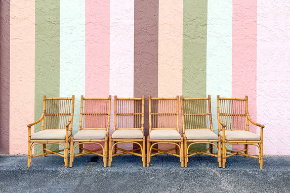 Set of Six Old Florida Rattan Dining Chairs