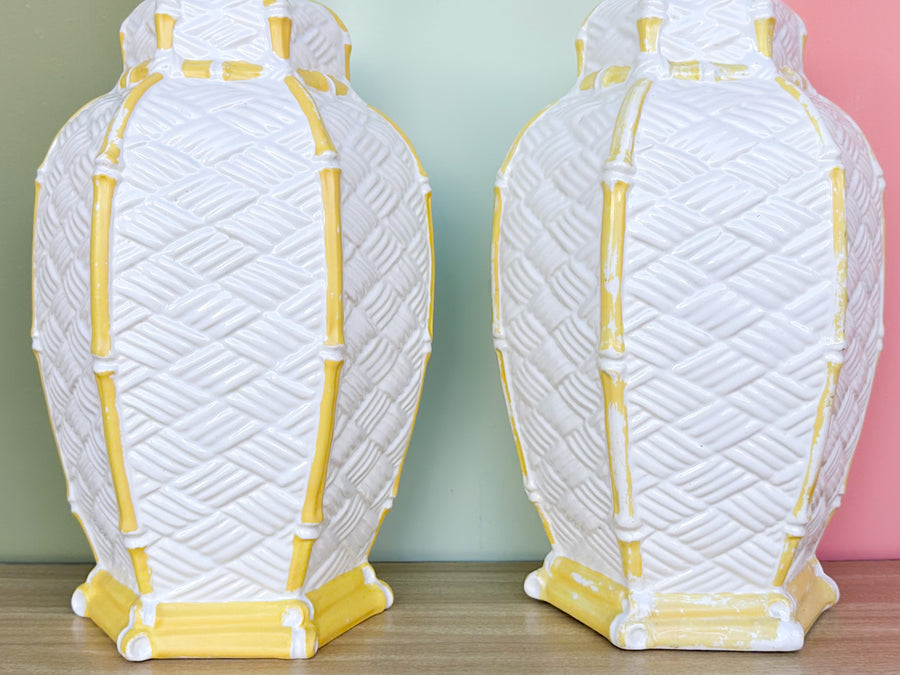 Pair of Faux Bamboo Woven Ceramic Lamps