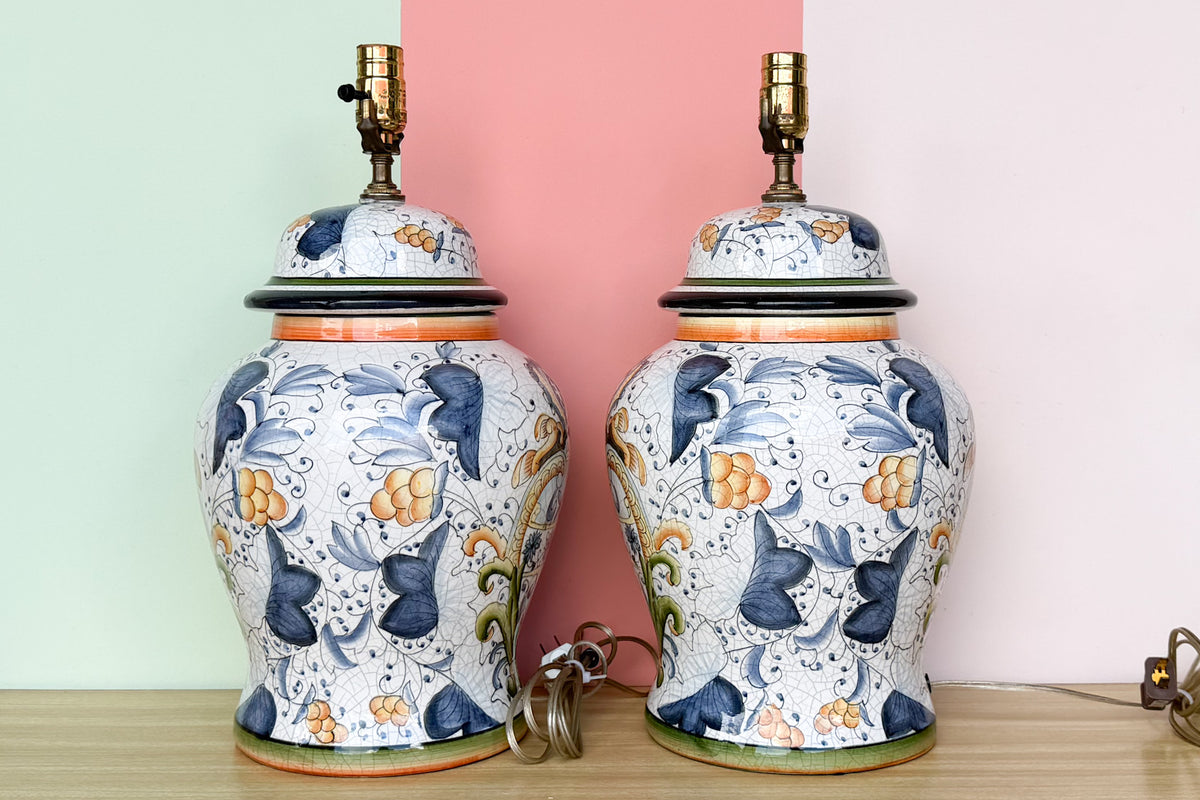 Pair of Hand Painted Pottery Jar Lamps