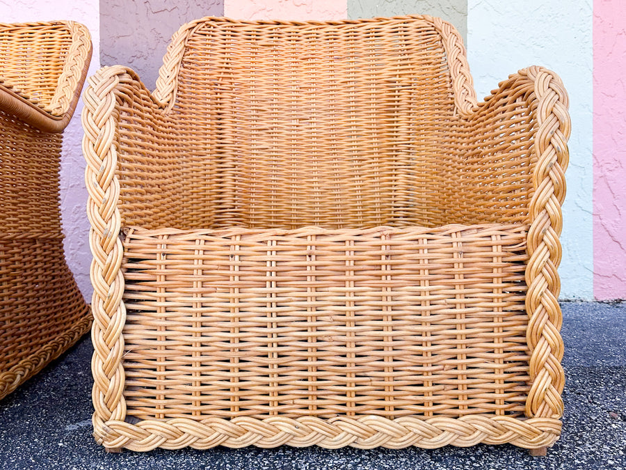 Pair of Braided Rattan Lounge Chairs