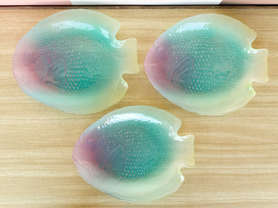 Set of Twelve Psychedelic French Fish Plates and Platter