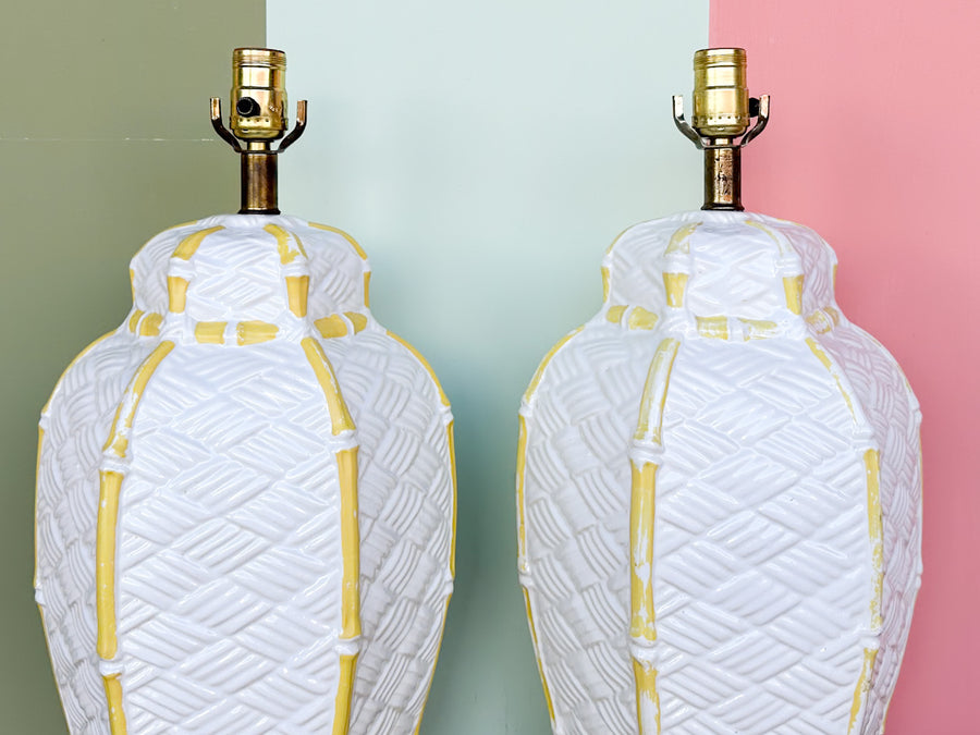 Pair of Faux Bamboo Woven Ceramic Lamps