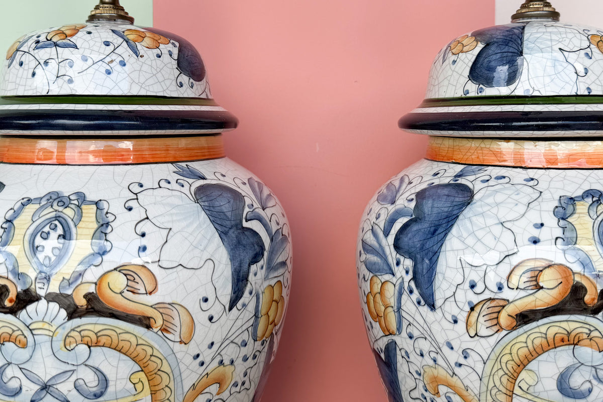 Pair of Hand Painted Pottery Jar Lamps