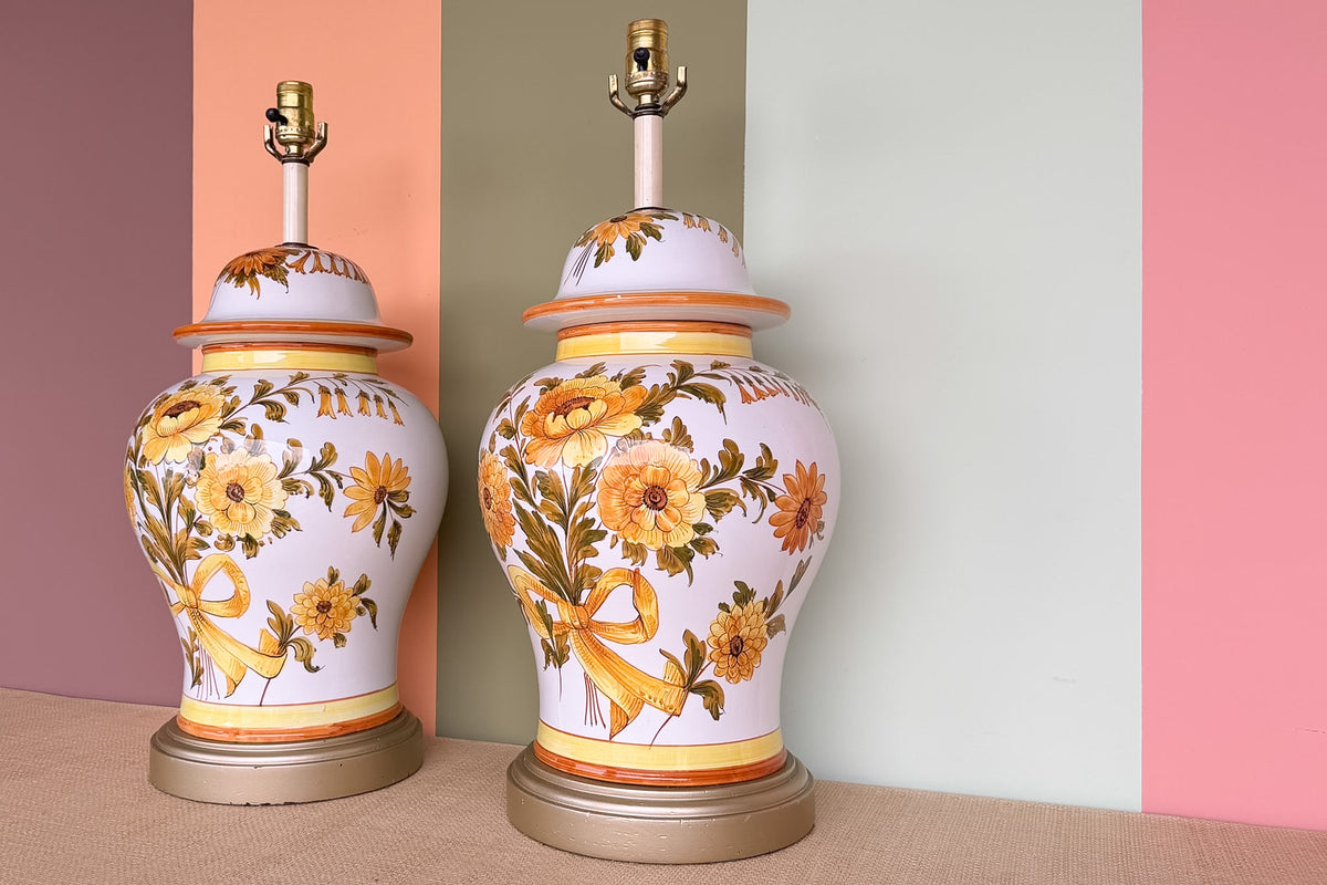 Pair of Hand Painted Bouquet Ginger Jar Lamps