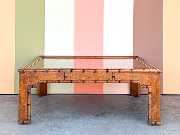 Walnut and Burl Wood Faux Bamboo Coffee Table