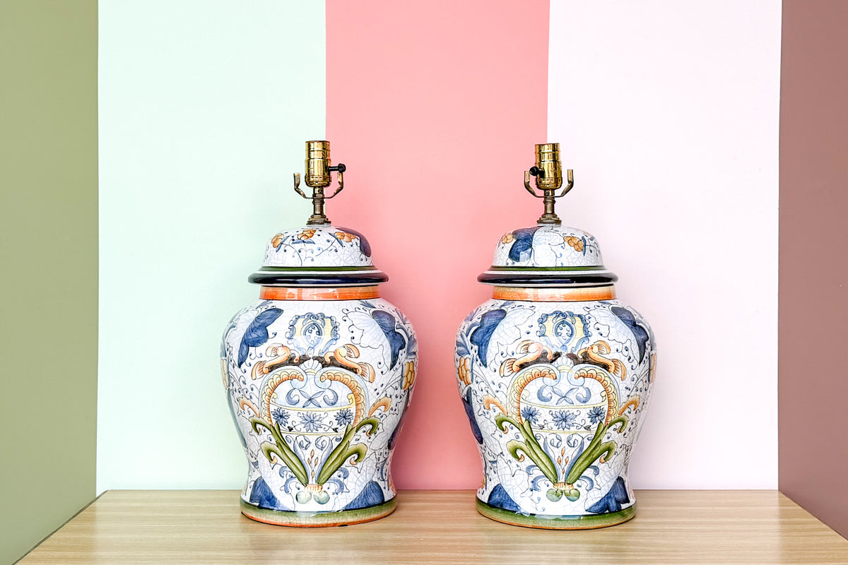 Pair of Hand Painted Pottery Jar Lamps