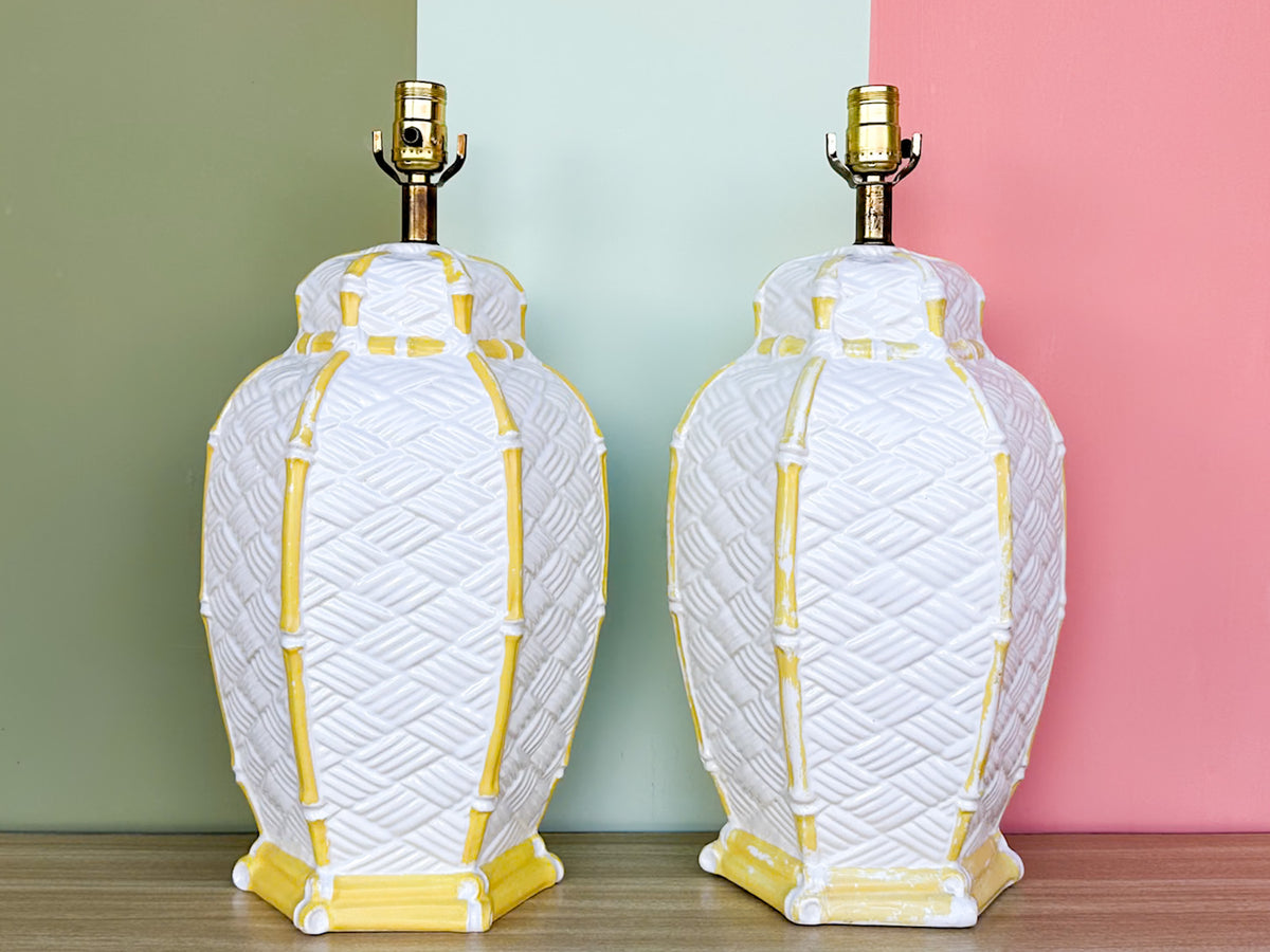Pair of Faux Bamboo Woven Ceramic Lamps