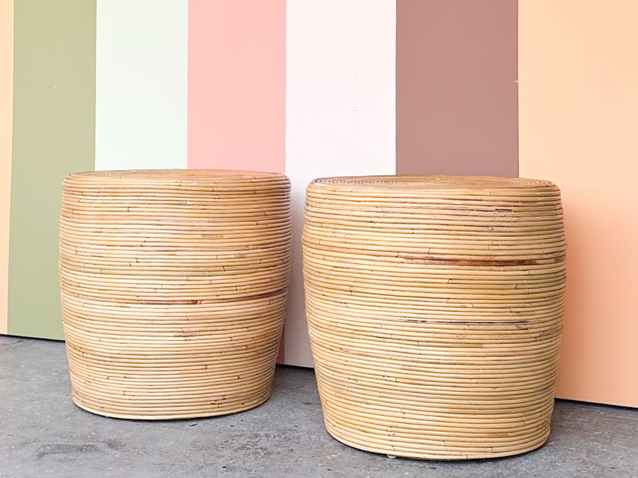 Pair of Natural Pencil Reed Rattan Side Tables
