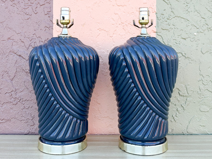 Pair of Navy Art Deco Lamps