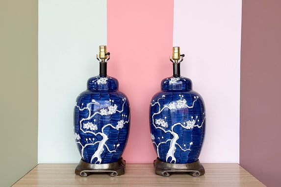 Pair of Navy Cherry Blossom Lamps