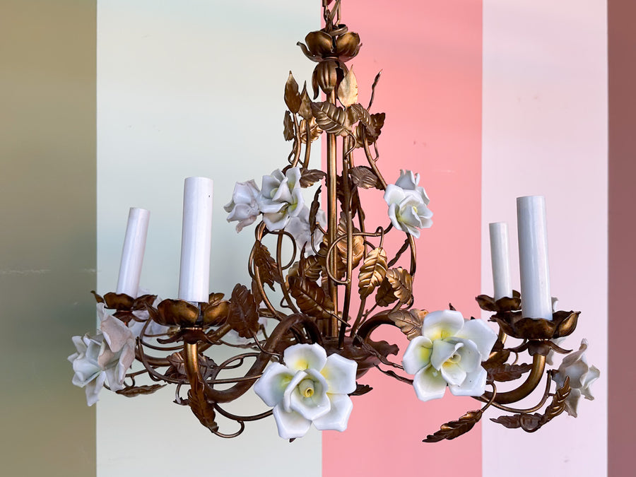 MCM Gilt Tole Porcelain Flower Chandelier