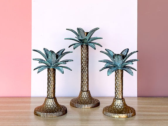 Trio of Brass Palm Tree Candlesticks