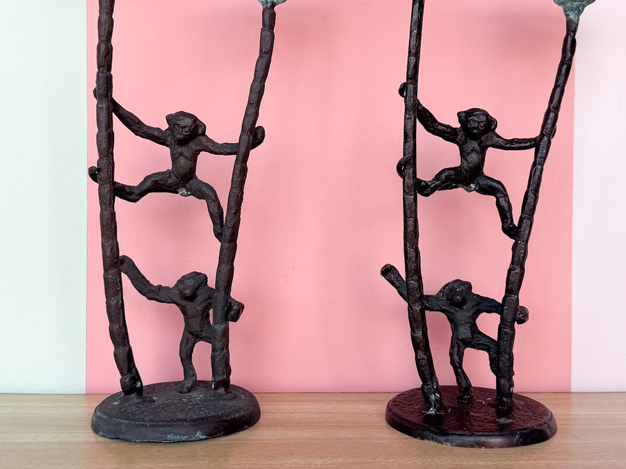 Pair of Monkey and Palm Tree Candle Holders
