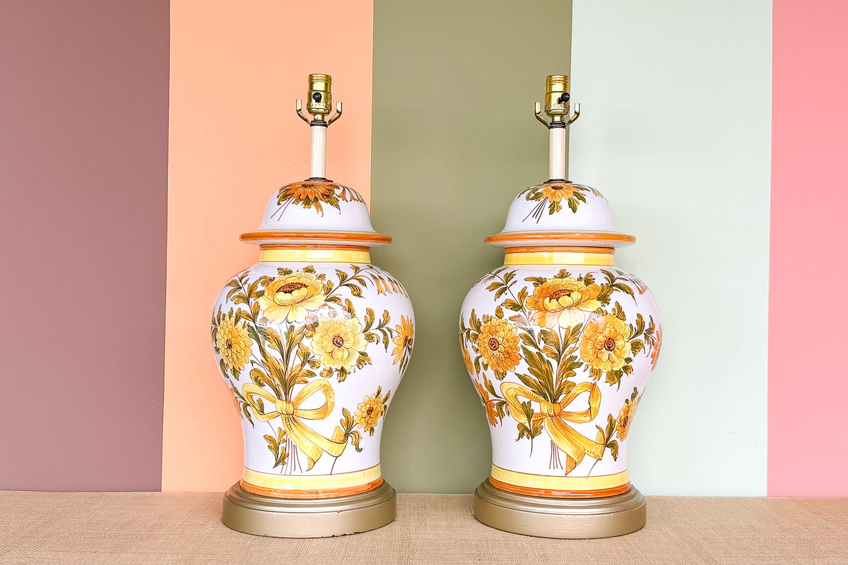 Pair of Hand Painted Bouquet Ginger Jar Lamps
