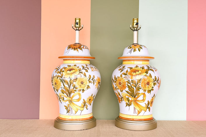 Pair of Hand Painted Bouquet Ginger Jar Lamps