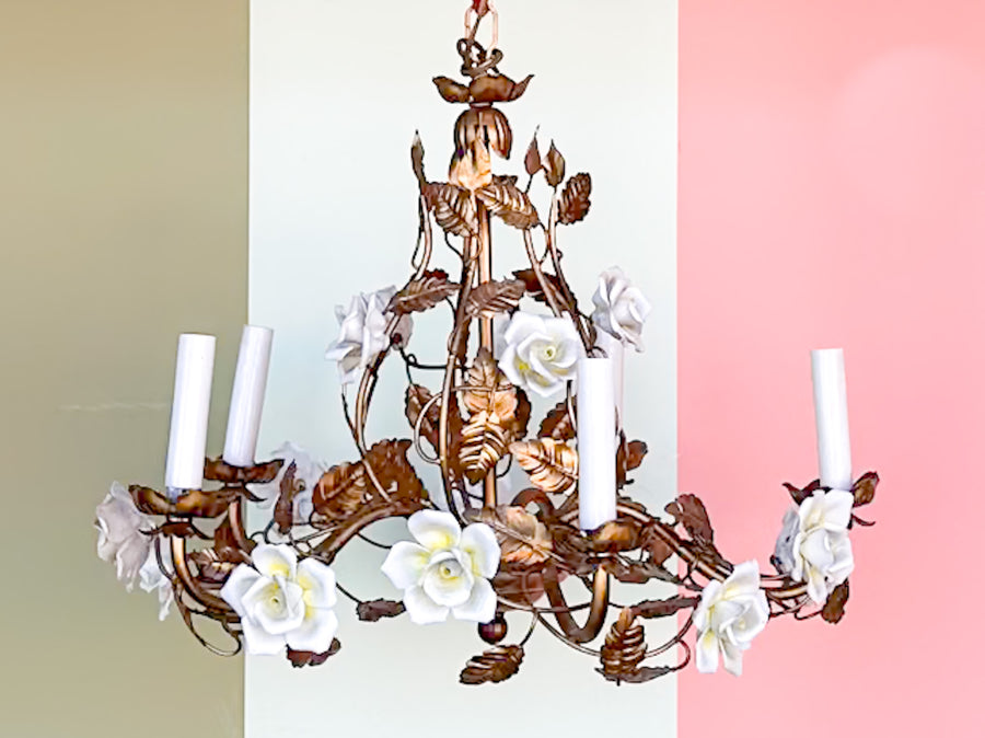 MCM Gilt Tole Porcelain Flower Chandelier