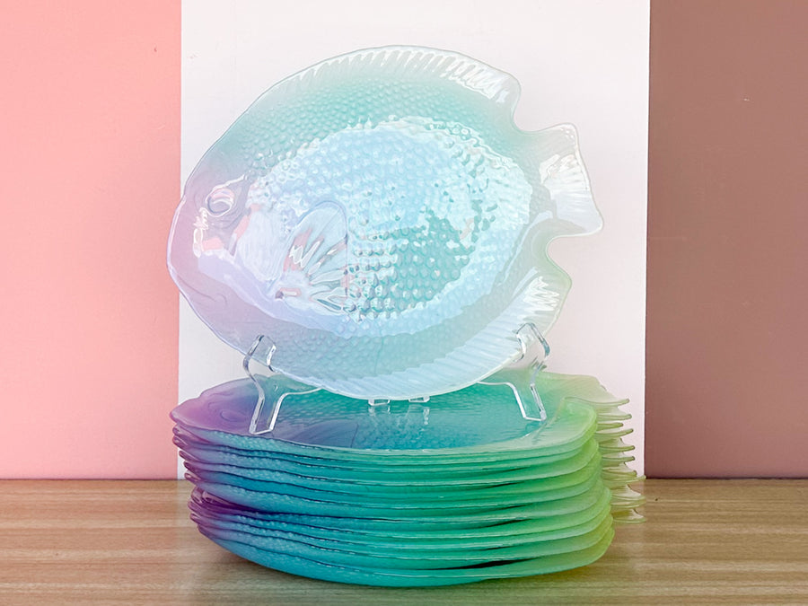 Set of Twelve Psychedelic French Fish Plates and Platter