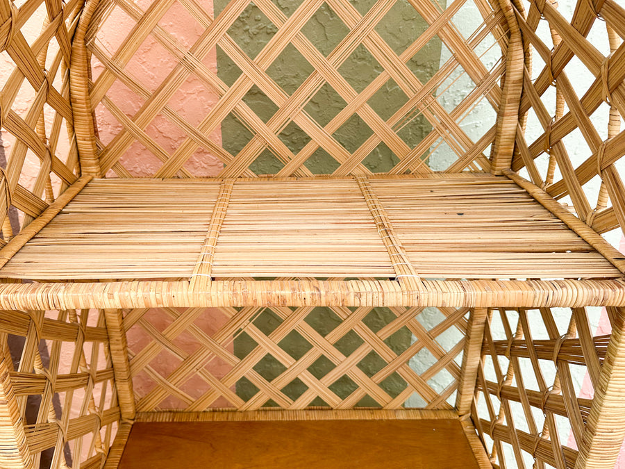 Pair of Old Florida Rattan Lattice Etageres