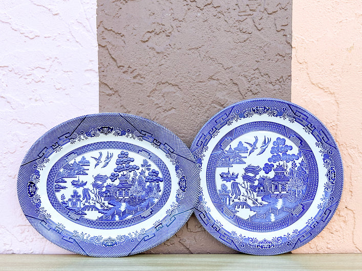 Pair of Blue and White Pagoda Platters