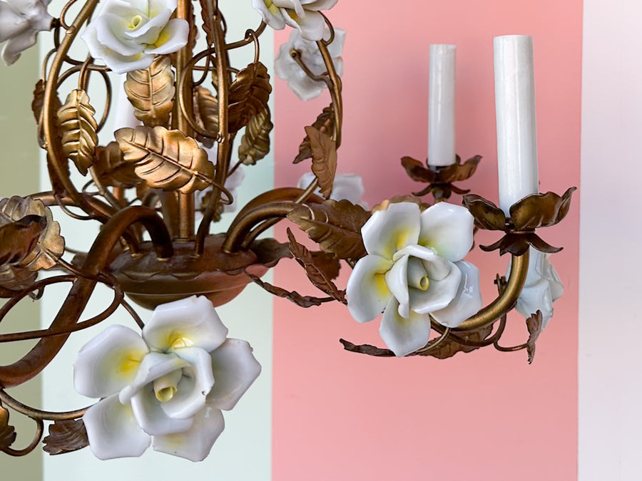 MCM Gilt Tole Porcelain Flower Chandelier