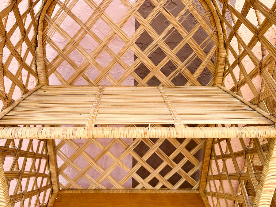 Pair of Old Florida Rattan Lattice Etageres