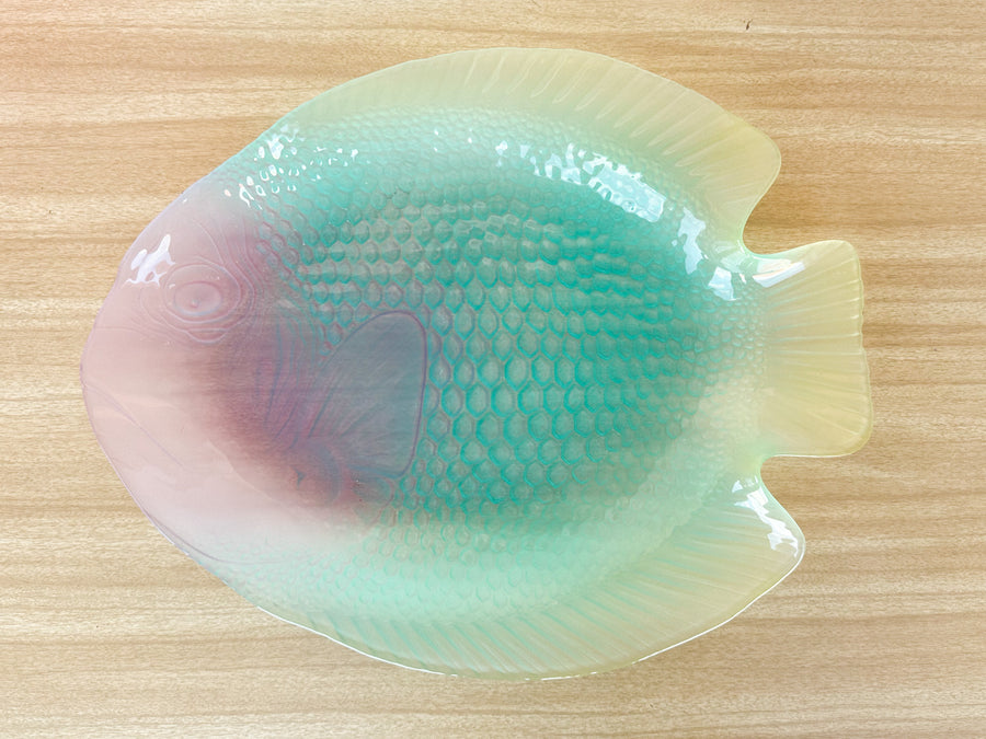 Set of Twelve Psychedelic French Fish Plates and Platter