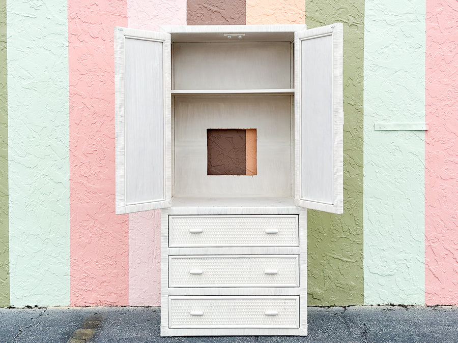 White Washed Woven Rattan Cabinet