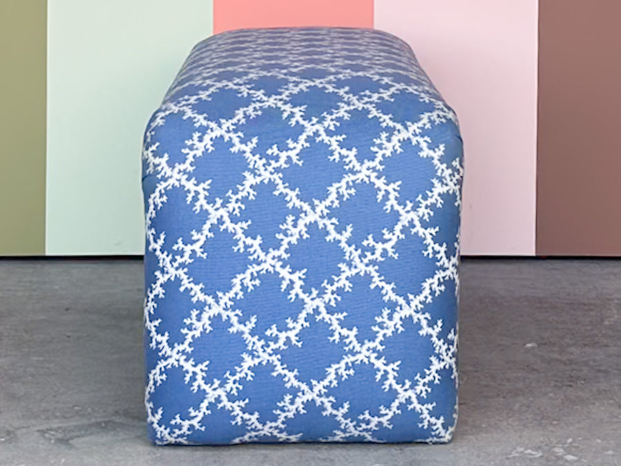 Blue and White Upholstered Waterfall Bench