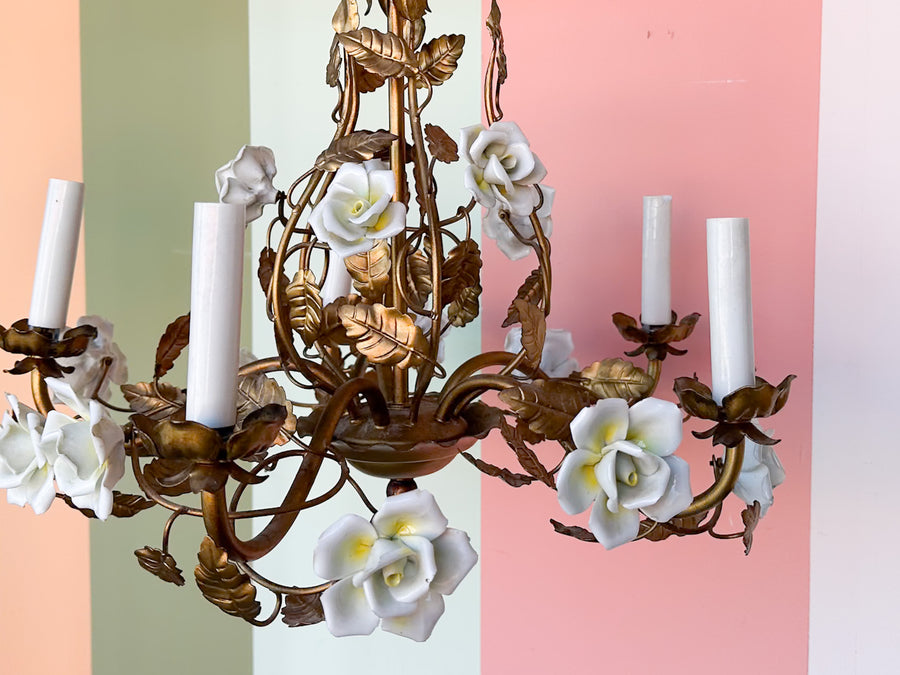 MCM Gilt Tole Porcelain Flower Chandelier