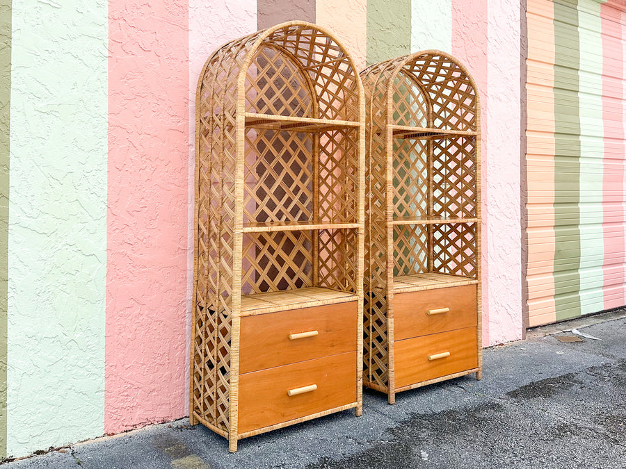Pair of Old Florida Rattan Lattice Etageres