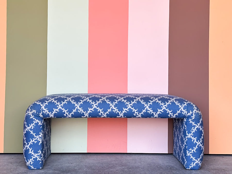 Blue and White Upholstered Waterfall Bench