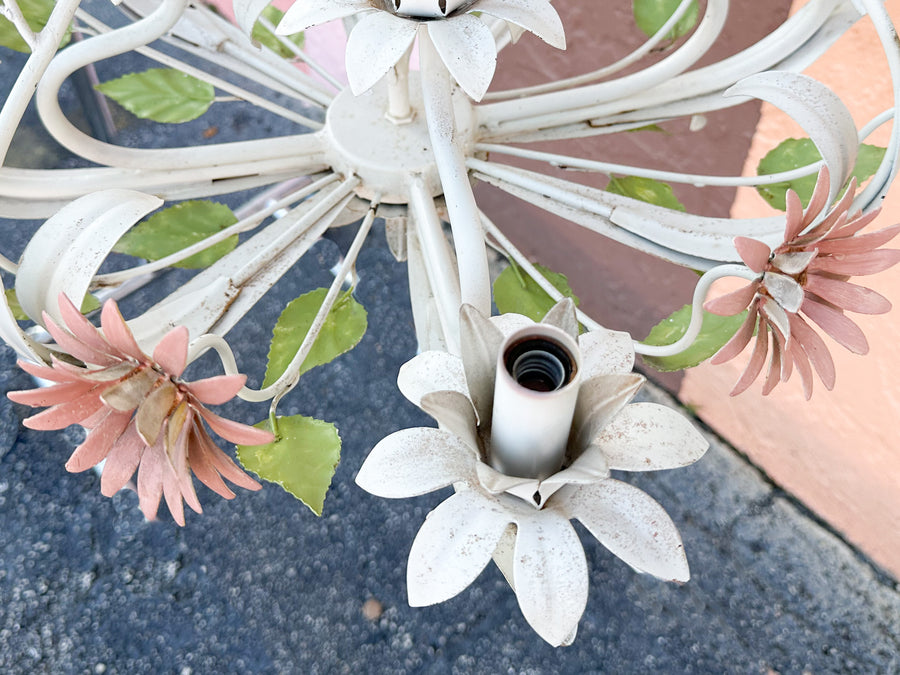 Sweet Pink and Green Floral Tole Chandelier