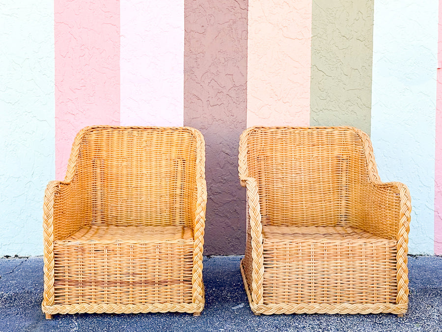 Pair of Braided Rattan Lounge Chairs