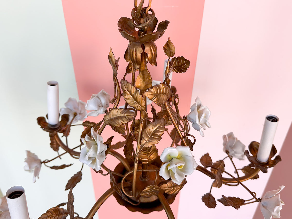 MCM Gilt Tole Porcelain Flower Chandelier